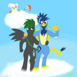 Size: 1000x1000 | Tagged: safe, artist:tezcatl-ayauhtli, derpibooru import, gilda, rainbow dash, oc, oc:tezcatl, griffon, pegasus, pony, semi-anthro, megasupertacoman, species swap