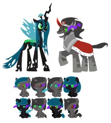 Size: 849x941 | Tagged: safe, artist:hollowolfpup, king sombra, queen chrysalis, oc, changeling, changeling queen, hybrid, pony, unicorn, adoptable, adopted, colt, couple, filly, foal, interspecies offspring, male, mommy chrissy, offspring, parent:king sombra, parent:queen chrysalis, parents:chrysombra