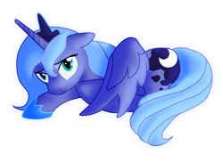 Size: 1355x986 | Tagged: safe, artist:ingratate, princess luna, alicorn, pony, friendship is magic, looking at you, prone, s1 luna, simple background, solo