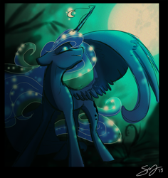 Size: 800x849 | Tagged: safe, artist:probablyfakeblonde, princess luna, alicorn, pony, eyes closed, horn jewelry, jewelry, moon, night, solo