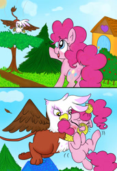 Size: 1024x1500 | Tagged: safe, artist:therainbowtroll, derpibooru import, gilda, pinkie pie, earth pony, griffon, pony, comic, food chain, griffons doing griffon things, kidnapped, pinkiebuse, predator, prey