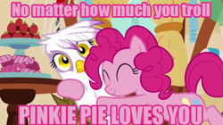 Size: 480x268 | Tagged: safe, derpibooru import, edit, edited screencap, screencap, gilda, pinkie pie, earth pony, griffon, pony, griffon the brush off, image macro, meme, pink text