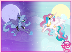 Size: 720x531 | Tagged: dead source, safe, princess celestia, princess luna, alicorn, pony, facebook, moon, my little pony logo, official, s1 luna, stock vector, sun