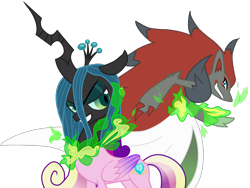 Size: 1412x1064 | Tagged: safe, artist:seaandsunshine, princess cadance, queen chrysalis, alicorn, changeling, changeling queen, pony, crossover, disguise, disguised changeling, duo, fake cadance, gardevoir, magic, pokémon, pringle ear, simple background, transformation, transparent background, vector, zoroark