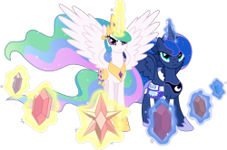 Size: 5000x3315 | Tagged: safe, artist:spier17, princess celestia, princess luna, alicorn, pony, princess twilight sparkle (episode), duo, element of generosity, element of honesty, element of kindness, element of laughter, element of loyalty, element of magic, elements of harmony, ethereal mane, female, glowing horn, magic, mare, royal sisters, saddle bag, simple background, sisters, spread wings, starry mane, telekinesis, transparent background, vector, wings