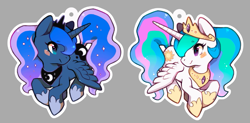 Size: 747x367 | Tagged: safe, artist:mi-eau, princess celestia, princess luna, alicorn, pony, blushing, crown, flying, keychain, simple background, sisters