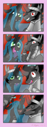 Size: 450x1195 | Tagged: safe, artist:intelligent-zombie, king sombra, queen chrysalis, changeling, changeling queen, pony, unicorn, accessory swap, blushing, chrysombra, crown, female, kissing, male, photo booth, shipping, straight