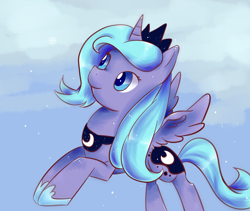 Size: 950x800 | Tagged: safe, artist:kemonomo, princess luna, alicorn, pony, flying, pixiv, s1 luna, smiling, solo, spread wings