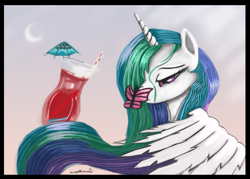 Size: 1024x735 | Tagged: dead source, safe, artist:auroriia, princess celestia, alicorn, pony, crying, drink, solo, umbrella