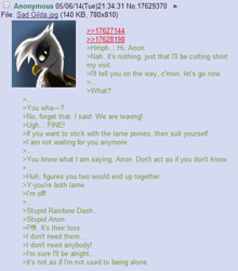 Size: 446x506 | Tagged: safe, derpibooru import, gilda, griffon, /mlp/, 4chan, anon in equestria, greentext, rejection, rejection is magic, sad, text