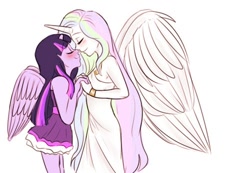 Size: 500x345 | Tagged: safe, artist:dashyice, princess celestia, twilight sparkle, twilight sparkle (alicorn), human, blushing, clothes, dress, female, horned humanization, humanized, lesbian, pony coloring, shipping, twilestia, winged humanization