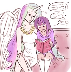 Size: 384x391 | Tagged: safe, artist:dashyice, princess celestia, twilight sparkle, human, blushing, book, crossed legs, grin, horned humanization, humanized, light skin, moderate dark skin, momlestia, reading, shipping, sitting, smiling, sofa, speech bubble, twilestia, winged humanization