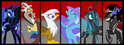 Size: 851x314 | Tagged: safe, artist:neonsenpai, derpibooru import, discord, gilda, king sombra, nightmare moon, queen chrysalis, trixie, changeling, changeling queen, griffon, pony, unicorn, antagonist