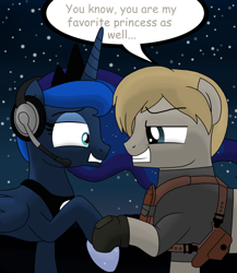 Size: 2600x3000 | Tagged: safe, artist:drako1997, princess luna, alicorn, pony, blushing, crossover, crossover shipping, female, gamer luna, leon s. kennedy, male, night, ponified, resident evil, shipping, straight