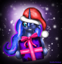 Size: 2307x2364 | Tagged: safe, artist:sixpathsoffriendship, princess luna, alicorn, pony, hat, present, santa hat, solo, wink