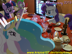 Size: 1024x768 | Tagged: safe, artist:krazoa157, princess celestia, rarity, spike, twilight sparkle, food, irl, photo, ponies in real life, table, thanksgiving