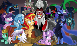 Size: 1250x750 | Tagged: safe, artist:zelc-face, derpibooru import, ahuizotl, diamond tiara, discord, gilda, king sombra, lightning dust, lord tirek, mane-iac, nightmare moon, queen chrysalis, sunset shimmer, suri polomare, trixie, changeling, changeling queen, earth pony, griffon, pegasus, pony, unicorn, twilight's kingdom, angry, antagonist, bipedal, cigar, cross-popping veins, frown, glare, glasses, gold teeth, gold tooth, grin, gritted teeth, grumpy, open mouth, prone, selfie, shutter shades, smiling, smoking, sunglasses, swag, wide eyes