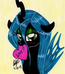 Size: 765x874 | Tagged: safe, artist:newyorkx3, queen chrysalis, changeling, changeling queen, blushing, mouth hold, solo, traditional art