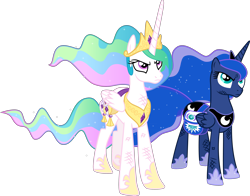 Size: 3111x2437 | Tagged: safe, artist:tourniquetmuffin, princess celestia, princess luna, alicorn, pony, princess twilight sparkle (episode), bruised, duo, ethereal mane, female, injured, mare, royal sisters, saddle bag, simple background, starry mane, transparent background, vector