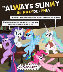 Size: 835x956 | Tagged: safe, artist:gsphere, pinkie pie, princess celestia, rainbow dash, rarity, twilight sparkle, alicorn, pegasus, pony, unicorn, bipedal, danny devito, it's always sunny in philadelphia, parody