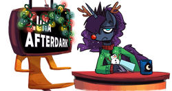 Size: 765x408 | Tagged: safe, artist:herny, princess luna, alicorn, pony, antlers, banner, christmas, christmas lights, clothes, cup, luna-afterdark, rudolph the red nosed reindeer, solo, sweater, tumblr