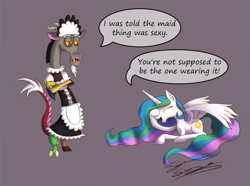 Size: 1024x760 | Tagged: safe, artist:sammy0295, discord, princess celestia, alicorn, pony, princess twilight sparkle (episode), clothes, crossdressing, dialogue, laughing, maid, maid discord