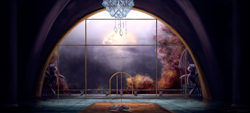 Size: 1800x810 | Tagged: safe, artist:nettrip, princess celestia, alicorn, pony, chandelier, in the distance, interior, moon, solo