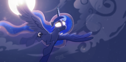 Size: 1100x545 | Tagged: dead source, safe, artist:awesomecoolwhip, princess luna, alicorn, pony, children of the night, flying, glowing eyes, solo