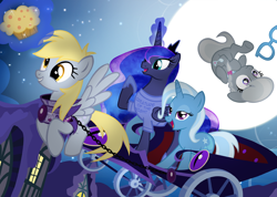 Size: 900x639 | Tagged: safe, artist:pixelkitties, derpy hooves, princess luna, silver spoon, trixie, alicorn, pegasus, pony, armor, bedroom eyes, carriage, chase, clothes, female, flying, grin, magic, magic shirt, mare, moon, muffin, open mouth, pixelkitties' brilliant autograph media artwork, shirt, smiling, telekinesis