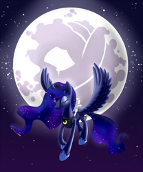 Size: 1250x1500 | Tagged: safe, artist:renatethepony, princess luna, oc, oc:crescent, alicorn, pony, flying, hijo de la luna, moon, ponies riding ponies