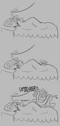 Size: 798x1657 | Tagged: safe, artist:egophiliac, princess celestia, princess luna, human, bed, clothes, comic, dialogue, grayscale, humanized, monochrome, singing, waking up