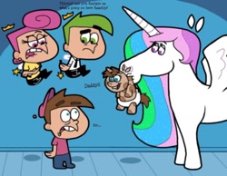 Size: 1016x787 | Tagged: safe, artist:cookie-lovey, princess celestia, alicorn, pony, cosmo, crack shipping, crossover, hoers, offspring, parent:princess celestia, parent:timmy turner, style emulation, the fairly oddparents, the implications are horrible, timmy turner, wanda