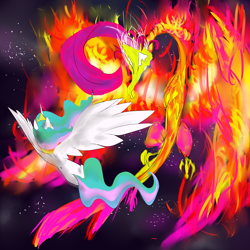 Size: 4000x4000 | Tagged: safe, artist:ninrhusajha, princess celestia, alicorn, phoenix, pony, female, fight