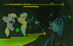 Size: 1024x640 | Tagged: safe, artist:grazehunter, derpy hooves, queen chrysalis, sunshower raindrops, changeling, changeling queen, pegasus, pony, camera, female, mare, muffin