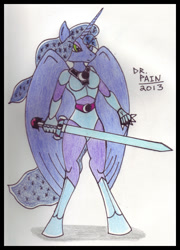 Size: 447x620 | Tagged: safe, artist:drpain, princess luna, anthro, armor, final fantasy, moonknight, solo, traditional art