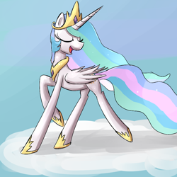 Size: 800x800 | Tagged: safe, artist:senx, princess celestia, alicorn, pony, cloud, crown, eyes closed, female, hoof shoes, jewelry, mare, on a cloud, open mouth, regalia, sky, solo