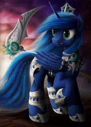 Size: 4500x6300 | Tagged: safe, artist:michellka, princess luna, alicorn, pony, absurd resolution, armor, crying, scythe, solo, warrior luna, weapon