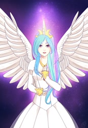 Size: 1385x2000 | Tagged: safe, artist:margony, princess celestia, human, beautiful, clothes, crown, horned humanization, humanized, light skin, solo, winged humanization