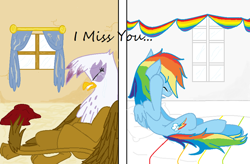 Size: 900x590 | Tagged: safe, artist:mittenpatty, derpibooru import, gilda, rainbow dash, griffon, pegasus, pony, crying, eyes closed, female, gildash, gritted teeth, lesbian, shipping, sitting, window