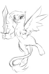 Size: 500x750 | Tagged: safe, artist:skutha, derpibooru import, gilda, griffon, flying, monochrome, sketch, solo, sword