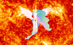 Size: 1920x1200 | Tagged: safe, princess celestia, alicorn, pony, fire, glowing eyes, solo, sun, wallpaper