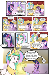 Size: 2400x3543 | Tagged: safe, artist:lolepopenon, princess celestia, twilight sparkle, twilight sparkle (alicorn), alicorn, pony, comic, female, magic, mare, meta