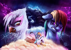 Size: 1920x1347 | Tagged: safe, artist:tsitra360, derpibooru import, gilda, rainbow dash, griffon, pegasus, pony, duality, rain