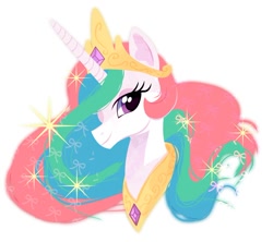 Size: 662x587 | Tagged: safe, artist:girlslabo, princess celestia, alicorn, pony, bust, crown, female, horn, mare, multicolored mane, solo, white coat