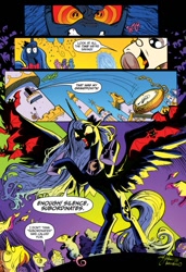 Size: 583x850 | Tagged: safe, idw, kibitz, princess luna, tiberius, alicorn, bat, opossum, pony, spoiler:comicm10, angry, batman, fire, floppy ears, open mouth, parody, pocket watch, rearing, robin, smiling, spread wings, watch, wide eyes, wings