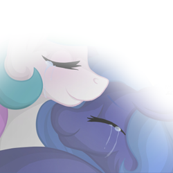 Size: 400x400 | Tagged: safe, artist:falleninthedark, princess celestia, princess luna, alicorn, pony, backlighting, canterlot university, comic, convention, crying, hug