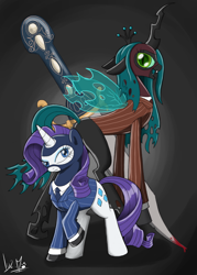 Size: 850x1184 | Tagged: safe, artist:chocolatechilla, queen chrysalis, rarity, changeling, changeling queen, pony, unicorn, blood, clothes, knife, spy, team fortress 2, your eternal reward