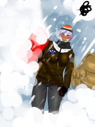 Size: 960x1280 | Tagged: safe, artist:kdjade, derpibooru import, gilda, anthro, griffon, blushing, snow, snowfall, solo