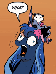 Size: 290x383 | Tagged: safe, idw, princess luna, tiberius, alicorn, pony, spoiler:comicm10, out of context, reaction image, wat