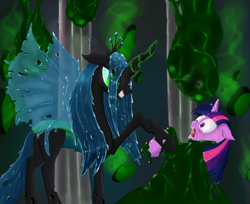 Size: 1200x978 | Tagged: safe, artist:cyb3rwaste, queen chrysalis, twilight sparkle, changeling, changeling queen, goo, caught, cocoon, slime, trapped